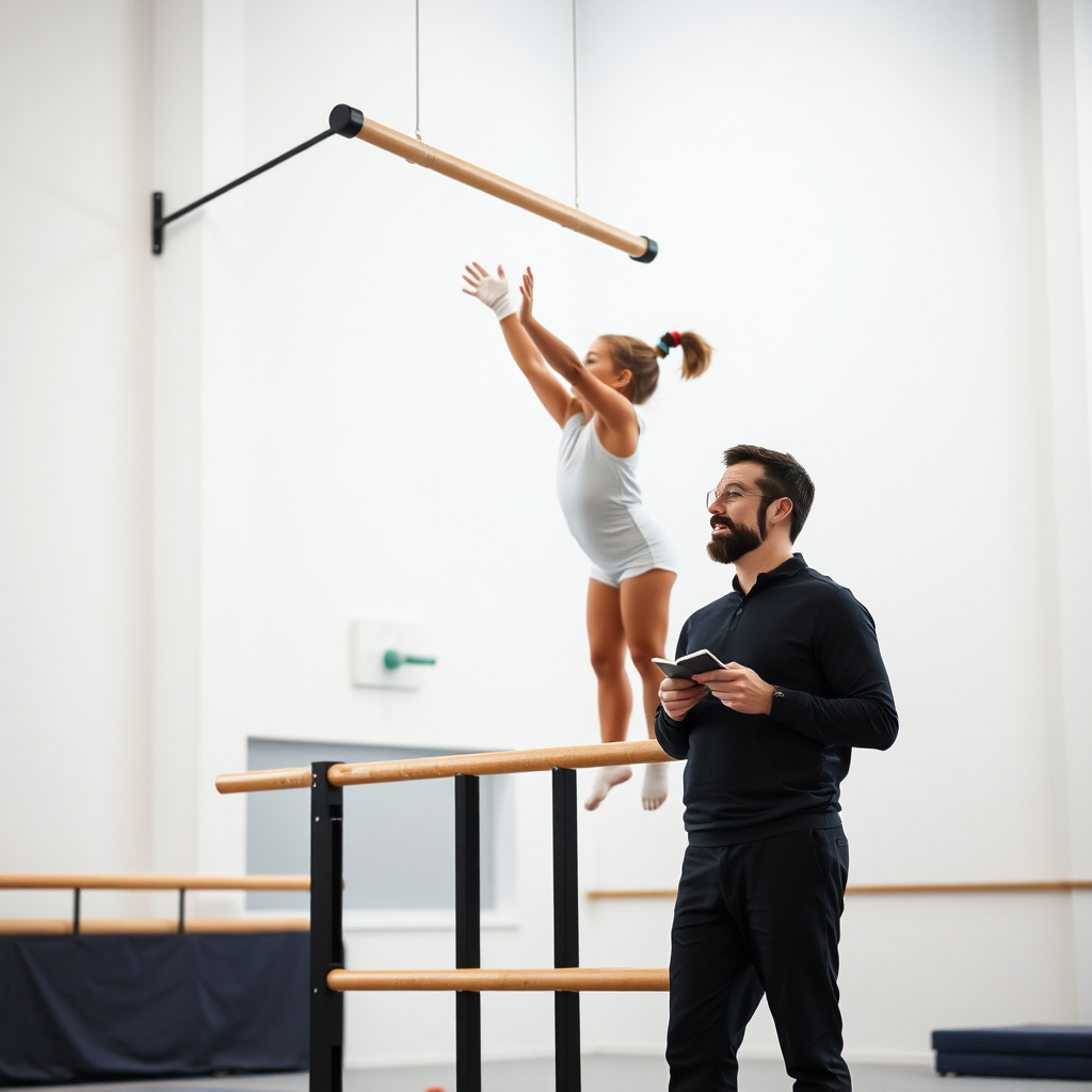 Athlete developing skills on bars with coach support