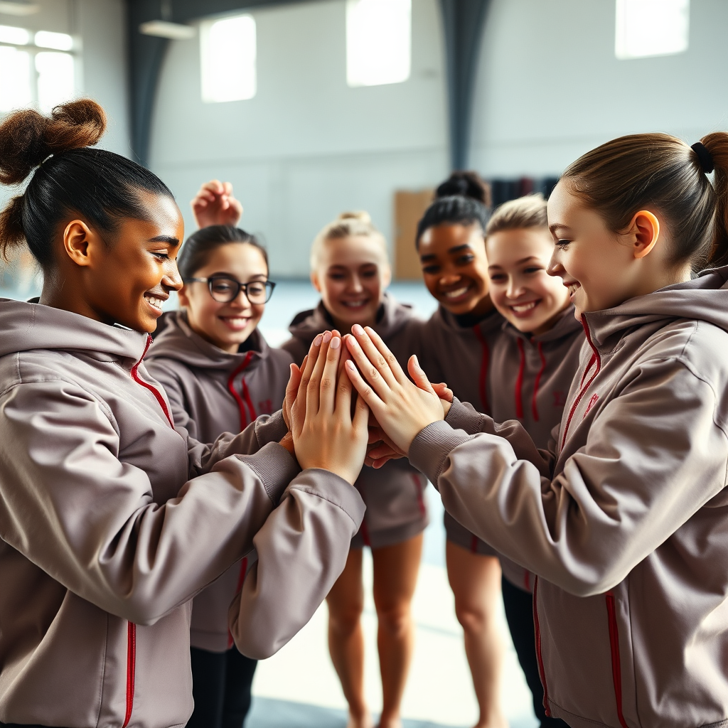 Gymnastics team cheering together