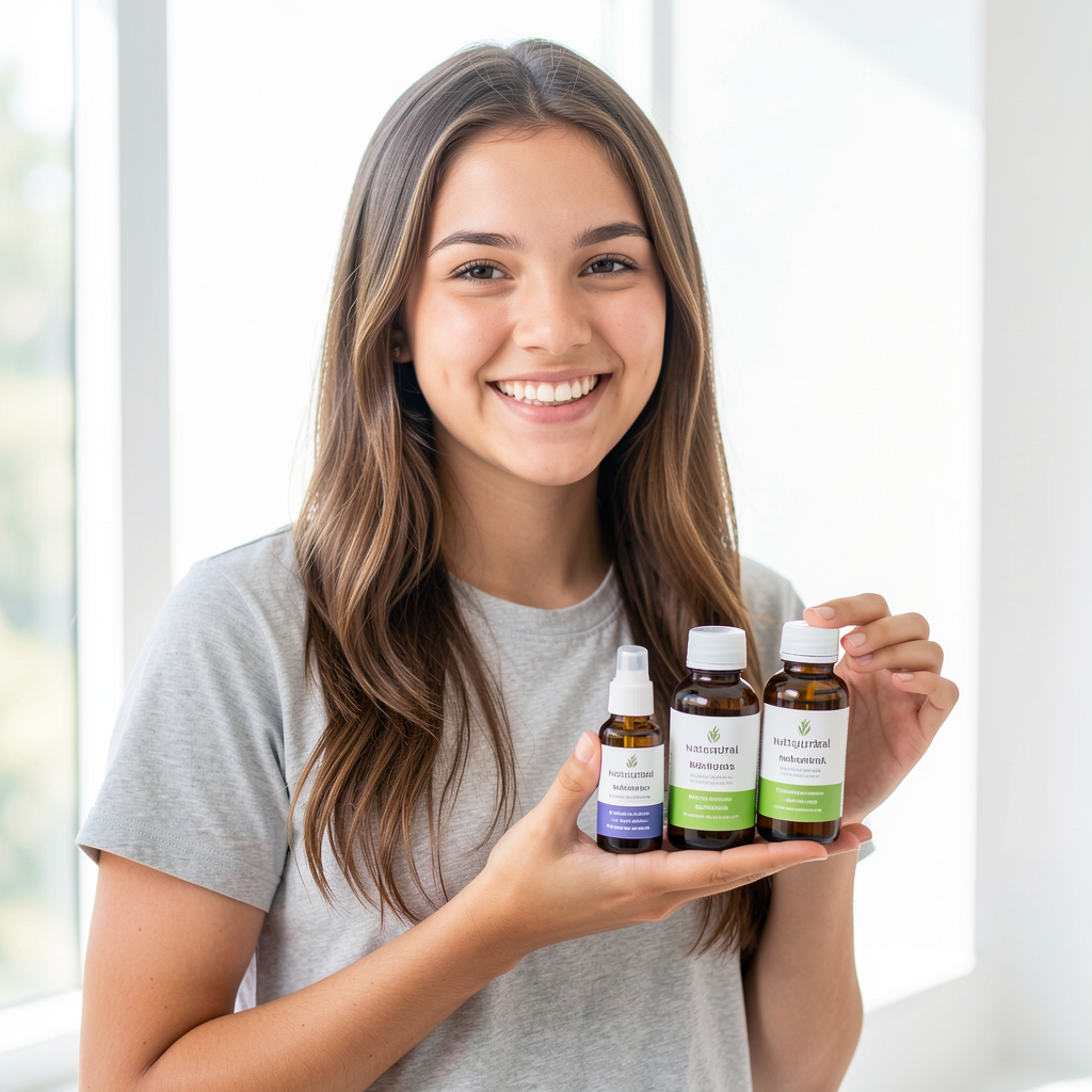 Teen female entrepreneur smiling with her product