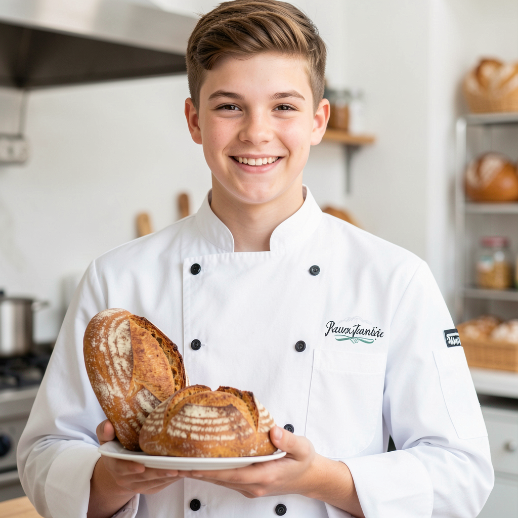 Teen male chef holding artisan baked goods