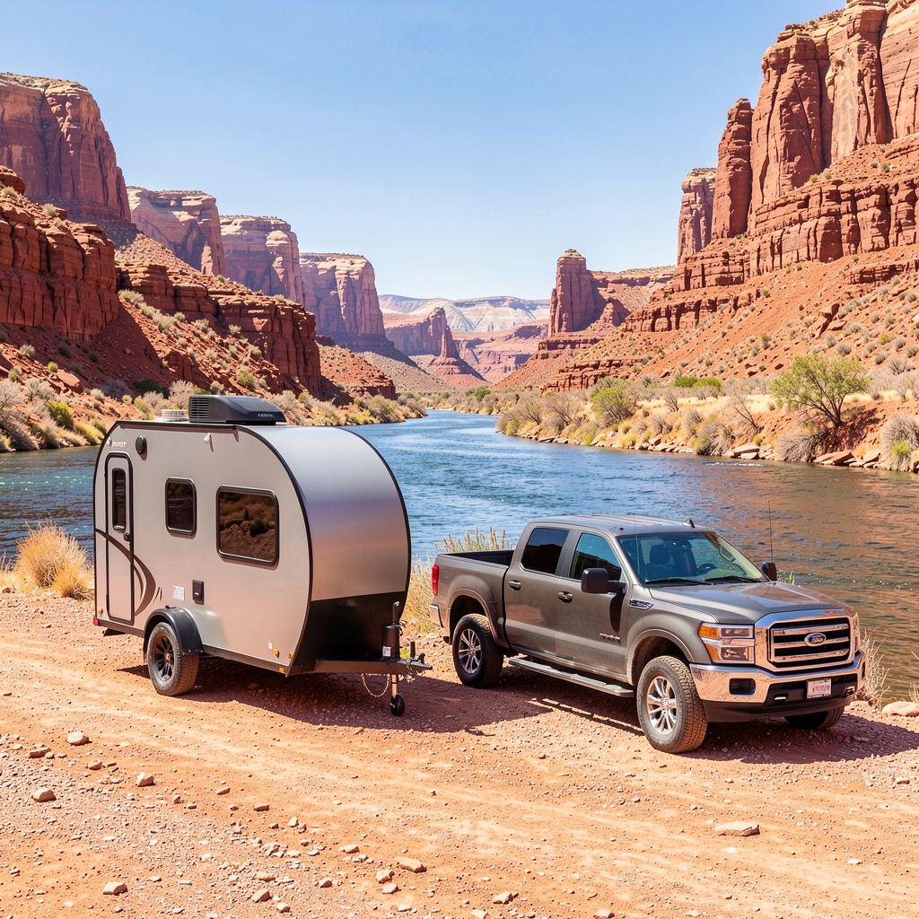 Compact Travel Trailer by river