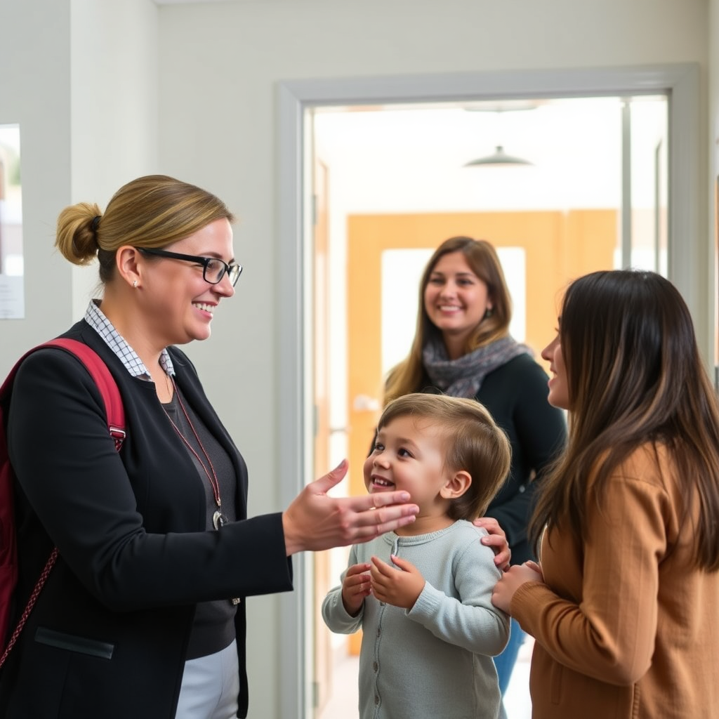 School administrator greeting a family