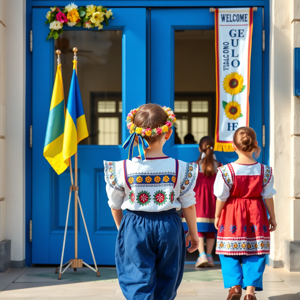 Children entering the school in traditional attire