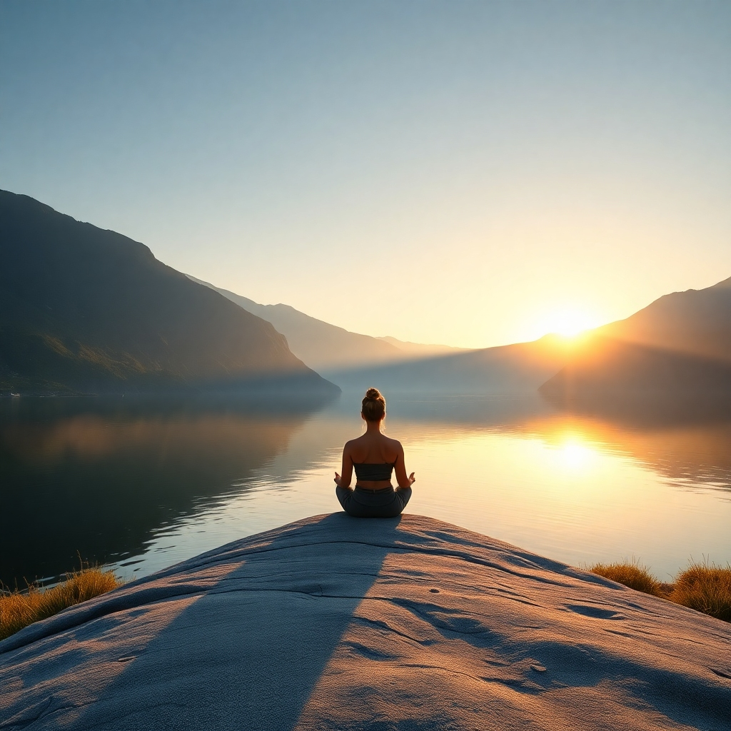A breathtaking, photorealistic 8K image showcasing a serene Norwegian fjord at sunrise. Soft, golden light gently illuminates the still water and majestic mountains. In the foreground, a person sits in a meditative pose on a smooth rock, their silhouette peaceful and relaxed. The air is crisp and clear, with subtle hints of mist rising from the water. The color palette is dominated by calming blues, greens, and golds. The camera angle is a wide shot, capturing the vastness and tranquility of the landscape. Focus on the textures of the rock, water, and mountains to enhance the hyperrealism. Include subtle details like ripples in the water and individual blades of grass. Style reference: blending the realism of Ansel Adams' landscape photography with the serene compositions of mindfulness imagery. The goal is to create an image that evokes a sense of calm, peace, and inner strength, reflecting the benefits of hypnosis and meditation.
