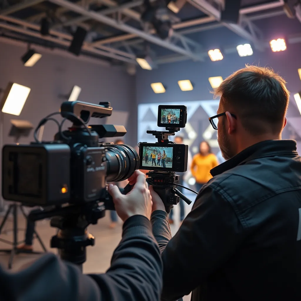Et fengslende bilde som viser et videoproduksjonsteam av høy kvalitet i aksjon. Scenen bør inneholde en profesjonell videograf som bruker et avansert kamera for å filme en dynamisk og engasjerende scene. Bakgrunnen skal være en moderne studiosetting med profesjonell belysning og utstyr. Kameravinkelen bør være fokusert på videografens perspektiv, og fange detaljene i utstyret og scenen som filmes. Gjengi i en fotorealistisk stil med en filmatisk følelse, som fanger energien og profesjonaliteten til videoproduksjon.
