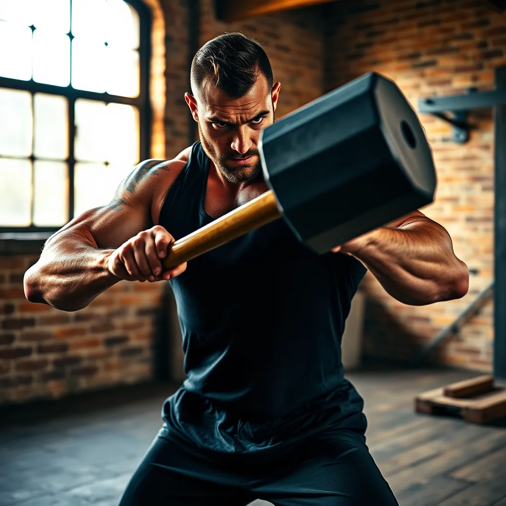 A close-up portrait of a determined man with a strong build, clad in black workout attire, swinging a heavy sledgehammer with precision and power. The backdrop is a rustic gym setting with exposed brick walls and a worn wooden floor, illuminated by warm, natural light streaming through a large window. The man's face is etched with concentration, his muscles rippling with exertion. The image is captured with a shallow depth of field, emphasizing the sledgehammer and the man's powerful form. The overall mood is one of intensity, determination, and raw power, highlighting the raw strength and energy of the sledgehammer training. The image is rendered in ultra-high resolution with realistic textures and lighting effects, capturing every detail with meticulous accuracy.