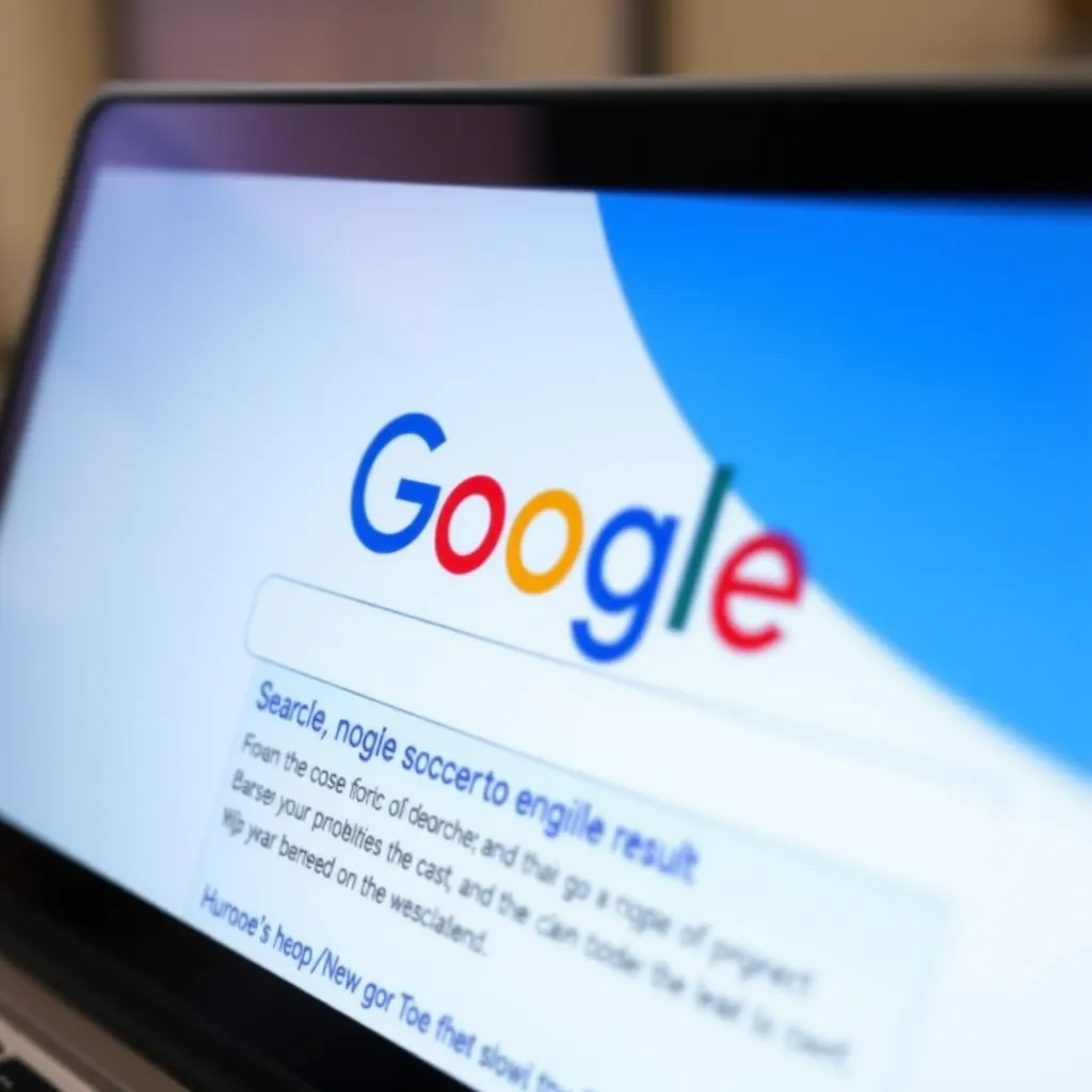 Et nærbilde av en dataskjerm som viser et nettsted som rangerer høyt i Googles søkeresultater. Nettstedet skal være visuelt tiltalende og engasjerende, med en tydelig oppfordring til handling. Bakgrunnen skal være en gradient av blått og hvitt, med et moderne, minimalistisk design. Teksten skal være lett å lese og være i en moderne, sans-serif skrift. Bildet skal understreke viktigheten av søkemotoroptimalisering (SEO) for nettsidens suksess.