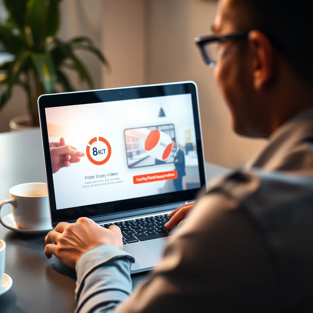 Et nærbilde av en person som ser på en video på den bærbare datamaskinen. Videoen er en profesjonell, engasjerende video som viser et selskaps produkter eller tjenester. Videoen er dynamisk og visuelt tiltalende, med grafikk og animasjon av høy kvalitet. Den bærbare datamaskinen står på et skrivebord med en kaffekopp og en plante i bakgrunnen. Personen smiler og ser engasjert ut i videoen. Skjermen viser en dynamisk video med en merkevarelogo og oppfordring til handling.