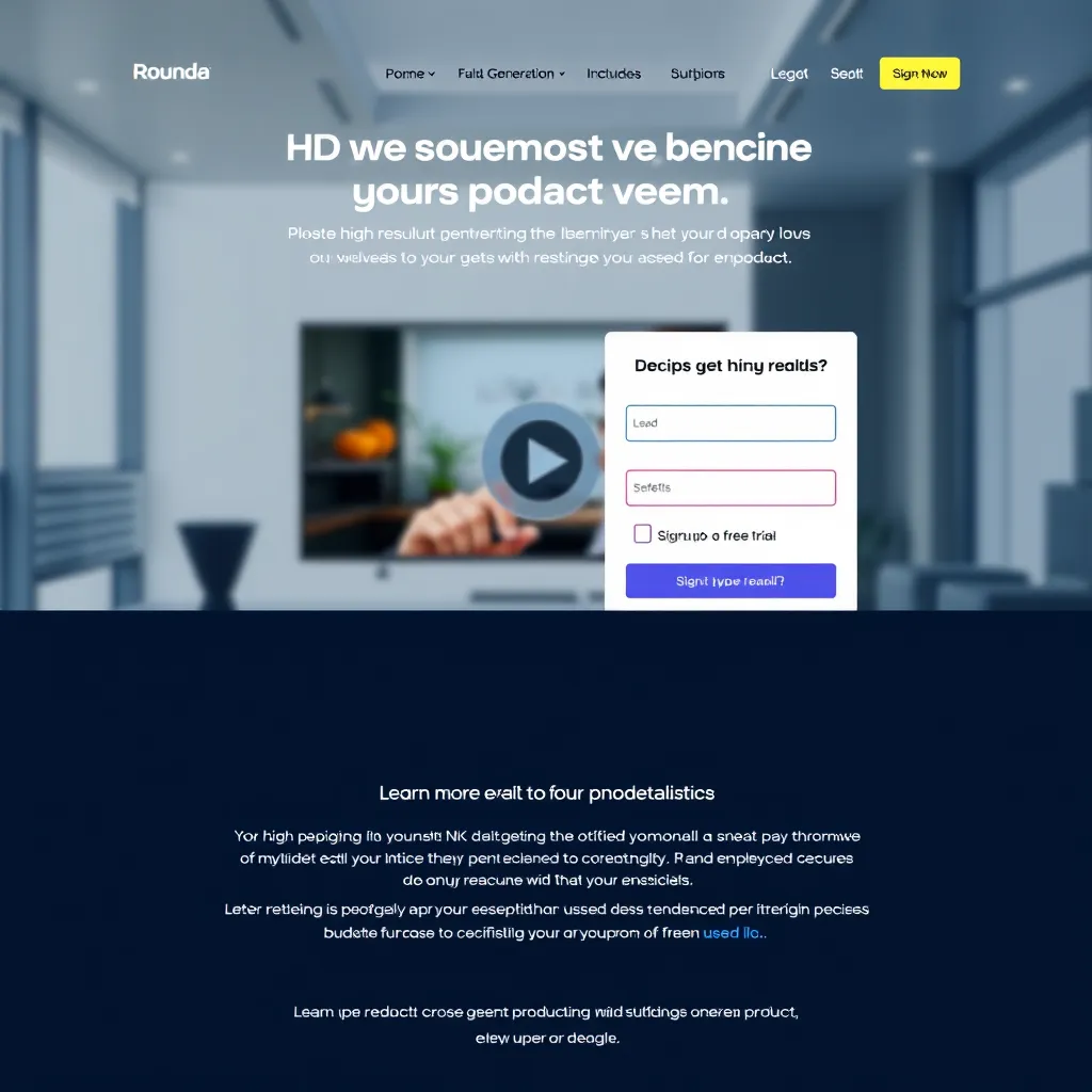 En landingsside med høy konvertering og et tydelig handlingsfremmende uttrykk. Nettstedet er moderne og elegant, med en video som spilles av i bakgrunnen som fremhever fordelene med produktet eller tjenesten. Det finnes et skjema for generering av potensielle salg som oppfordrer brukere til å registrere seg for en gratis prøveversjon eller lære mer om produktet.