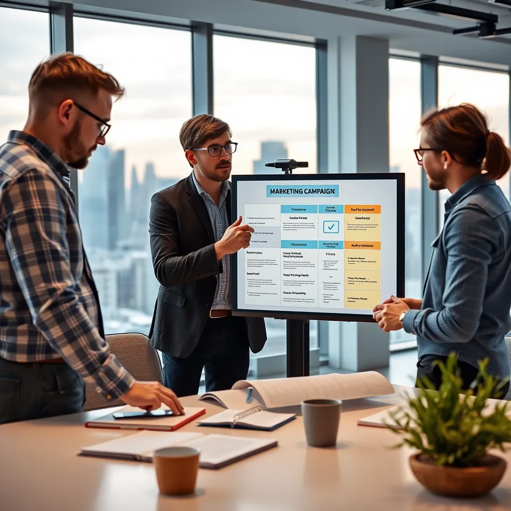 Et markedsføringsteam som brainstormer i et moderne kontormiljø. Teamet ser på en skjerm som viser en detaljert plan for markedsføringskampanjer. Planen involverer ulike markedsføringskanaler, som sosiale medier, søkemotoroptimalisering og e-postmarkedsføring. Teamet samarbeider og diskuterer strategier for å nå sin målgruppe. Kontormiljøet er rent og moderne, med store vinduer med utsikt over byens skyline.