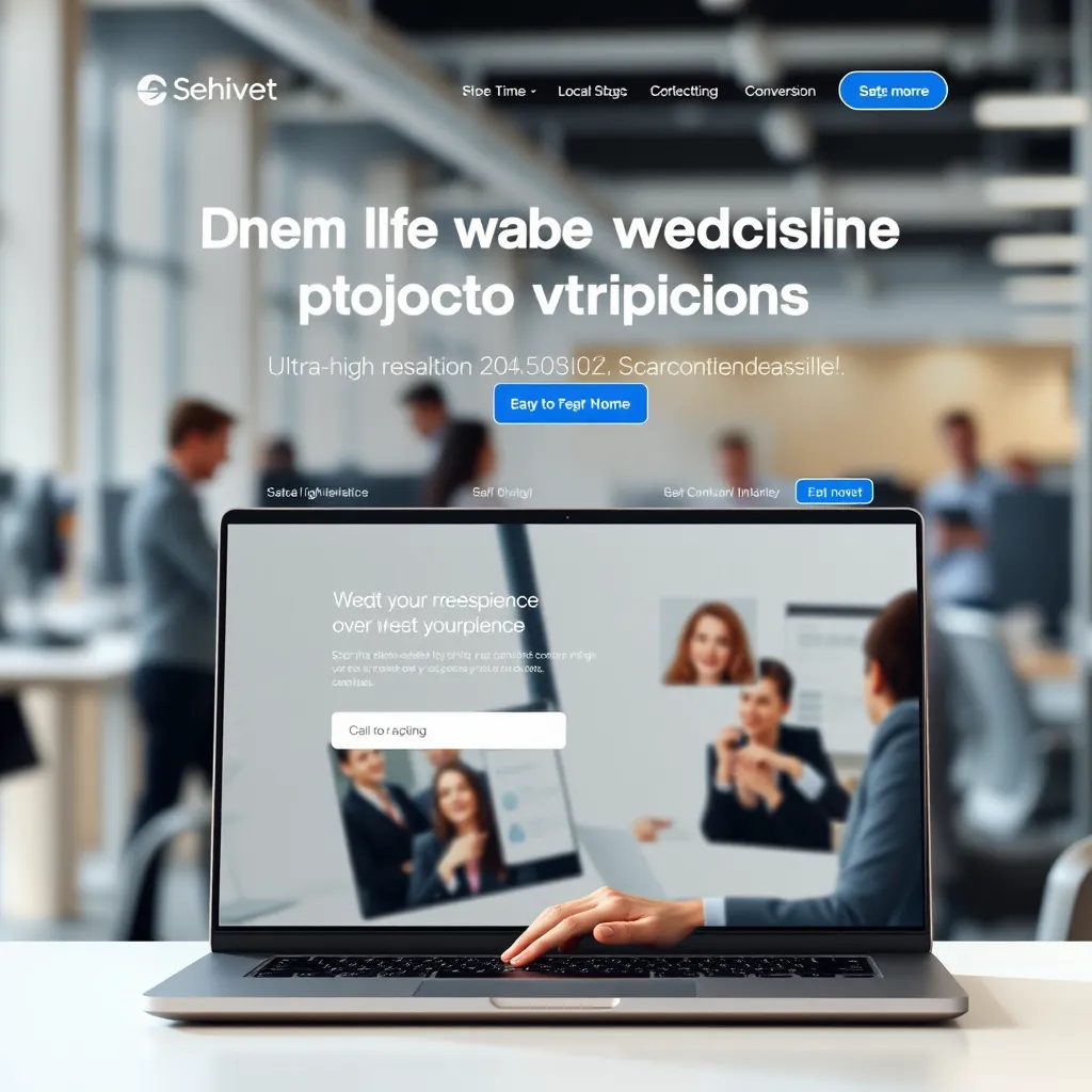 En landingsside for et moderne og profesjonelt utseende med et rent design, bilder av høy kvalitet og en tydelig oppfordringsknapp. Nettsiden er optimalisert for brukeropplevelse og konvertering, med enkel navigering og et brukervennlig grensesnitt. Bakgrunnen er et uskarpt bilde av et travelt kontormiljø med folk som jobber på datamaskiner og bærbare datamaskiner. Nettstedet vises på en stor skjerm med en bærbar datamaskin i forgrunnen, med en bruker som samhandler med nettstedet.