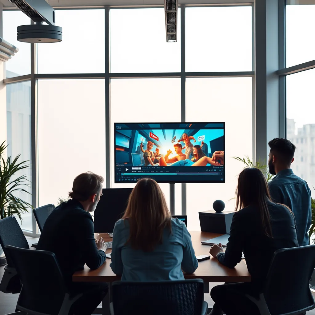 Et moderne kontor med et team av mennesker som samarbeider om et videoredigeringsprosjekt. Skjermen viser en video med en dynamisk, iøynefallende animasjon og en overbevisende fortelling. Det kommer mye naturlig lys gjennom vinduet, og den generelle stemningen er kreativitet og teamarbeid.