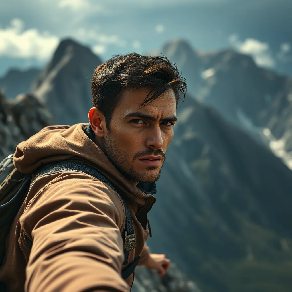 A person climbing a mountain, with a determined expression on their face. The mountain is rugged and challenging, and the person is facing a difficult climb. The image should convey a sense of progress, challenge, and self-discovery.