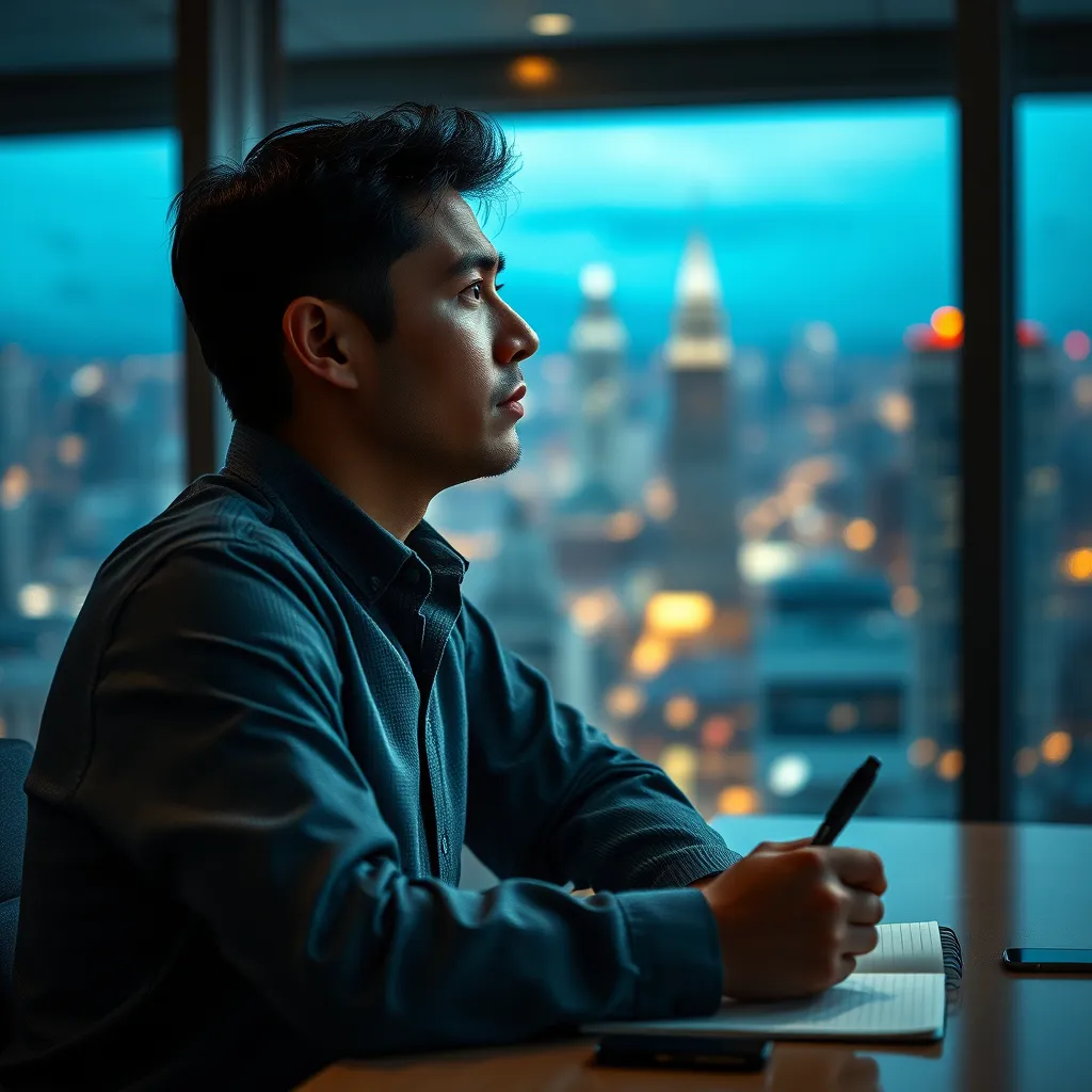 A person sitting at a desk with a notebook and pen, looking thoughtful and staring into the distance, with a blurry background of a cityscape