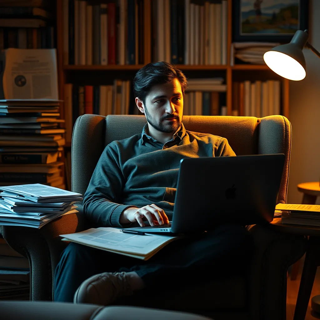 A person sitting in a comfortable chair, surrounded by books and papers, with a laptop in their lap, a focused expression on their face, with a soft, warm lighting