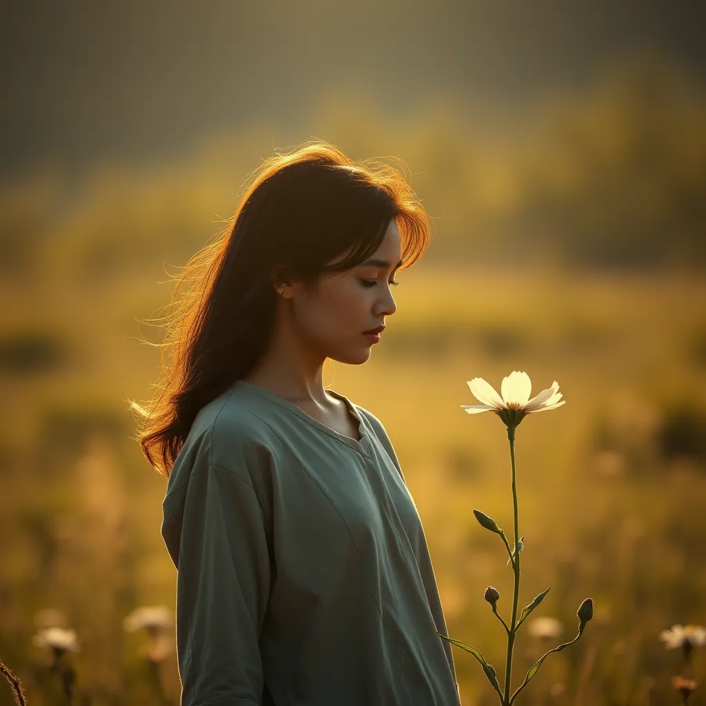 A person standing in a field, looking at a flower with a thoughtful expression on their face. The background is blurred, focusing on the flower and the person's face. The person is wearing simple clothing, and the sunlight is illuminating the scene. The image should convey a sense of peace and tranquility.