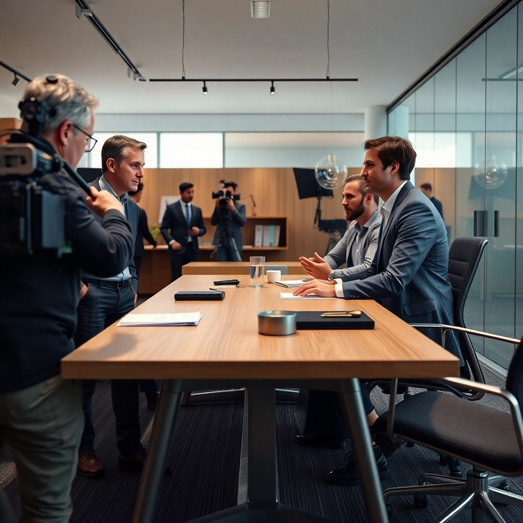 A photorealistic, 8K resolution image depicting a film crew on a set, shooting a scene. The scene is set in a modern office, with soft diffused lighting creating a calm and professional atmosphere.  The color palette is muted and sophisticated, featuring natural wood tones, sleek metallic surfaces, and cool grays. The camera angle is a slightly low-angle shot, emphasizing the director's concentration as they communicate with the actors. The actors, dressed in business attire, are engaged in a natural conversation, their expressions conveying genuine emotion.  The crew are visible in the background, but the focus remains on the actors. Ultra-detailed textures are visible on everything; the fine weave of the carpet, the grain of the wood table, and the subtle sheen of the metallic desk accessories.  The background includes subtle details suggesting a busy office environment.  The overall mood is professional, yet approachable and friendly.  The style is similar to that of renowned cinematographers like Roger Deakins, focusing on realistic lighting and compelling composition. Hyperrealistic rendering is required to showcase the quality of the video production.