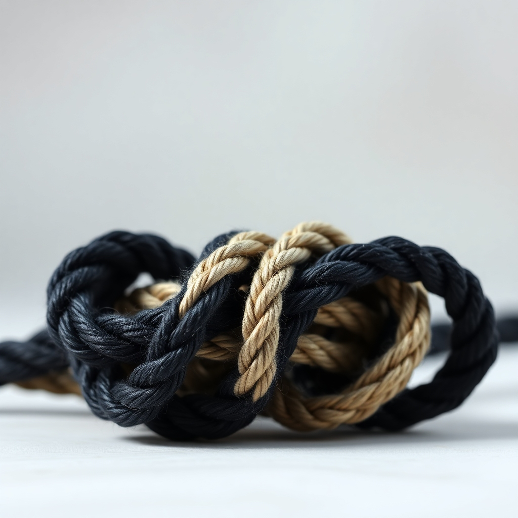 A photorealistic image depicting a tangled knot slowly unraveling. The knot is made of dark, rough rope, representing stress. As it unravels, the rope transforms into smooth, light-colored thread, symbolizing relief. The background is soft and out of focus, drawing attention to the transformation. The color palette shifts from dark and tense to light and airy. Camera angle: close-up, focusing on the details of the unraveling knot. Style reference: symbolic photography with a focus on texture and transformation.