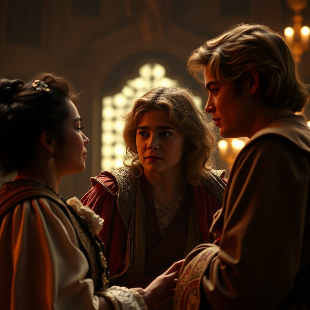 A photorealistic image depicting a compelling scene from a short film, possibly a dramatic moment with strong emotional impact. The image should be visually stunning, with high-quality lighting and cinematography, showcasing the power of storytelling through video. Include details like costumes, set design and acting that contribute to the narrative.