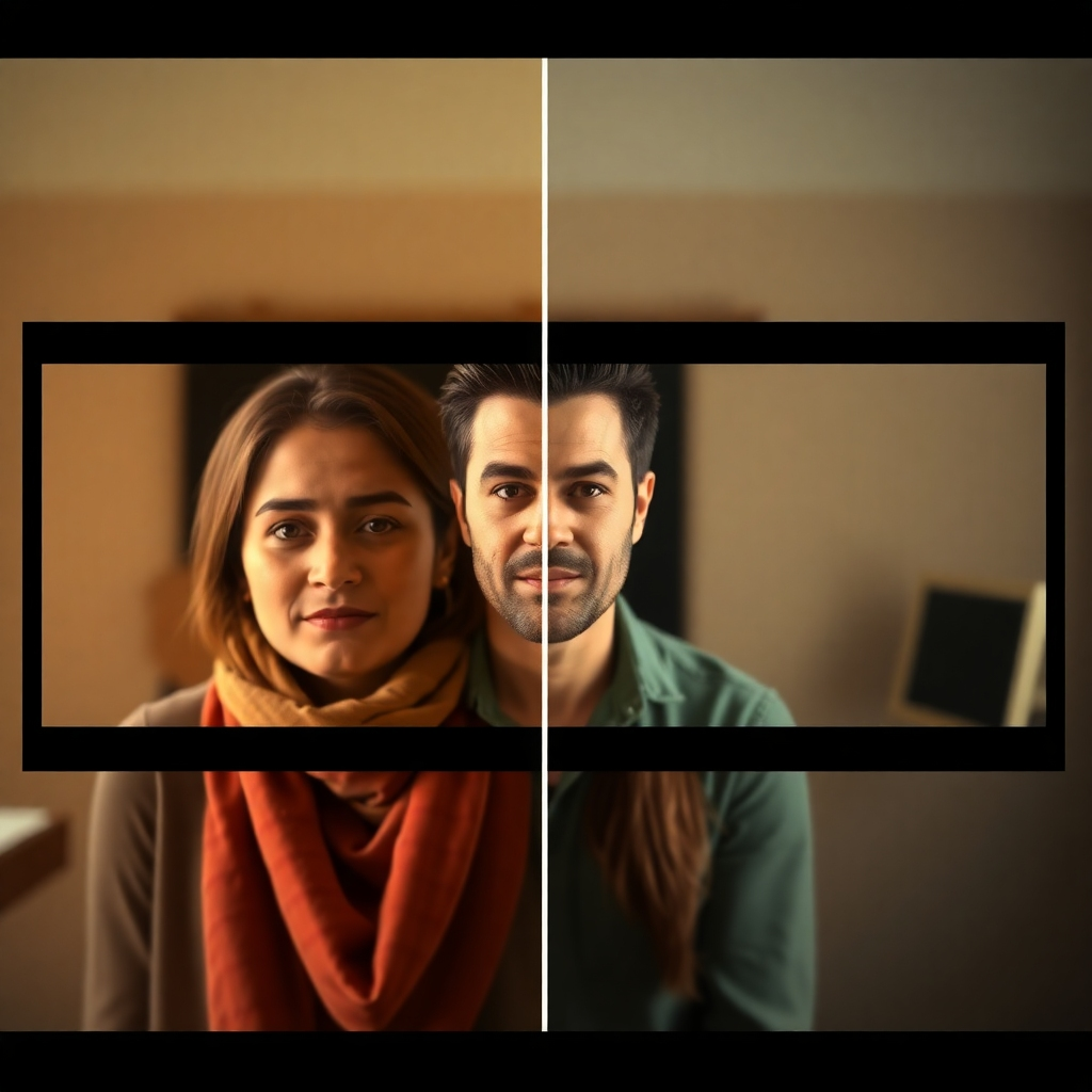 A photorealistic image illustrating the rule of thirds in videography. Show a split screen; one side displays a poorly composed video shot with the subject centered, looking dull and uninteresting. The other side displays the same scene, but composed using the rule of thirds, making it visually appealing and balanced.  Both sides should show the same scene and subject for a direct comparison. The background can be a simple, uncluttered setting.