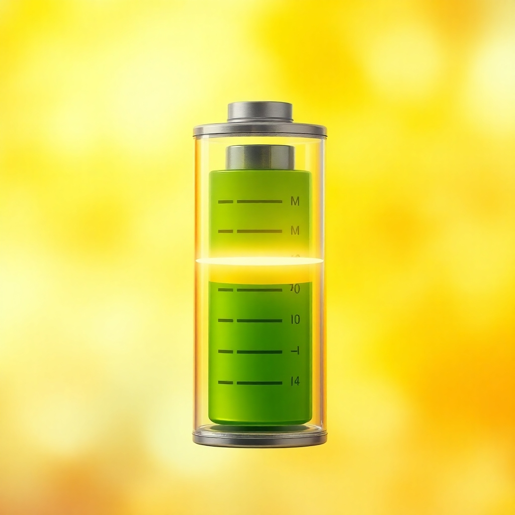 A photorealistic image of a battery meter filling up with light. The background is blurred and abstract, representing a sense of energy flowing. The color palette is bright and vibrant, with a focus on yellows and oranges. The camera angle is close-up, highlighting the battery and the rising light. The overall feel is dynamic and energetic. Style Reference: modern, graphic design with a focus on visual metaphors. The image should evoke the feeling of being energized and revitalized.