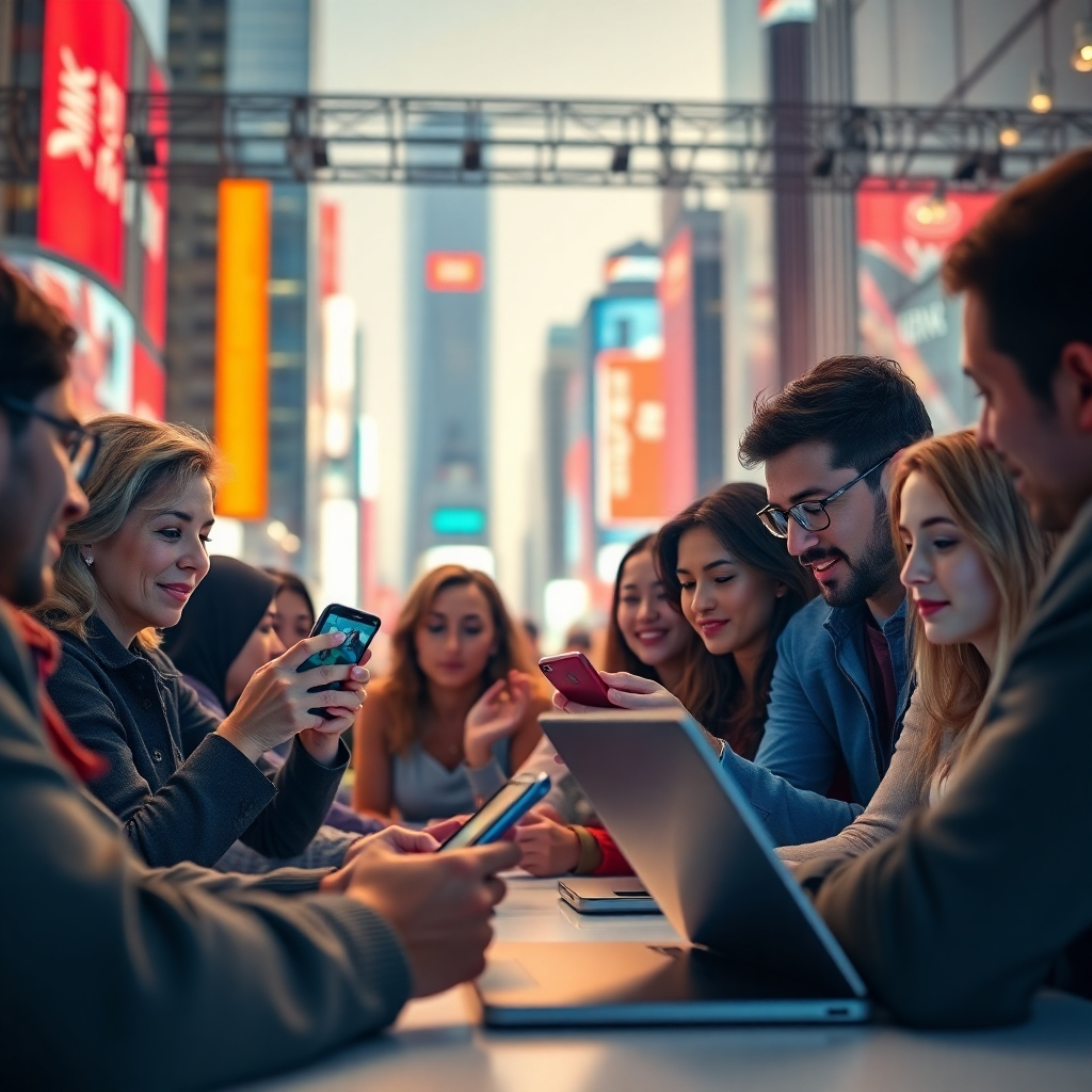 A photorealistic image of a diverse group of people watching engaging videos on various devices – smartphones, tablets, and laptops.  The background should showcase a vibrant, modern city setting, symbolizing the global reach of online video marketing.  Focus on the expressions of interest and engagement on the viewers' faces.