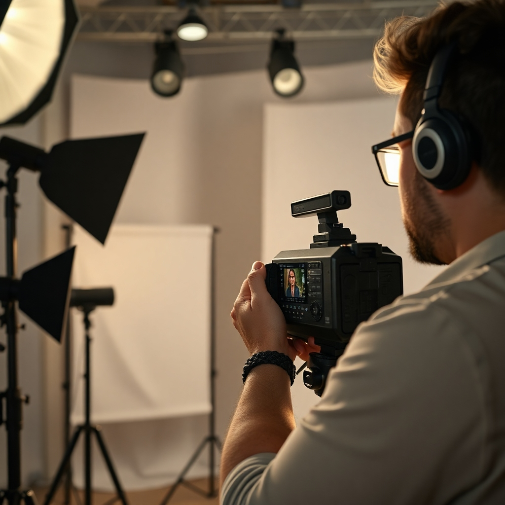 A photorealistic image of a person filming a video with professional lighting setup. The scene should be well-lit, showcasing various lighting equipment such as softboxes, reflectors, and a key light, illuminating the subject and the background. The overall mood should be professional and high-quality, with attention to detail in the lighting techniques used.
