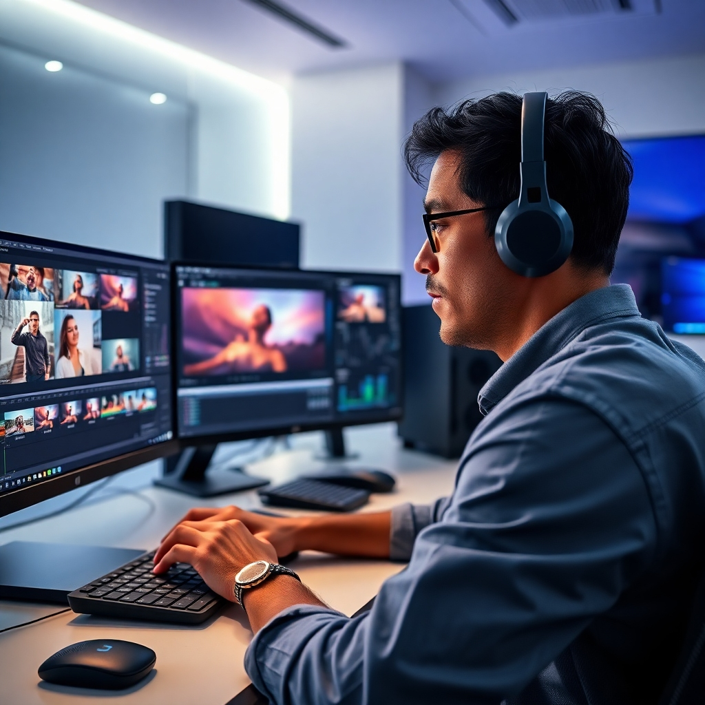 A photorealistic image of a person skillfully using video editing software on a high-end computer, surrounded by multiple monitors displaying different video clips and effects.  The room is brightly lit, modern, and clean, suggesting a professional video editing studio. The focus should be on the person's concentrated expression and the intricate details of the software interface.