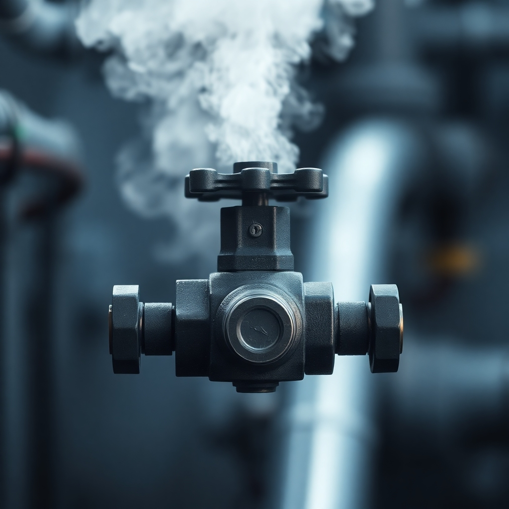 A photorealistic image of a pressure valve slowly releasing steam. The background is blurred, creating a sense of relief and release. The color palette is muted, with a focus on blues and grays. The camera angle is close-up, highlighting the valve and the escaping steam. Style Reference: industrial photography with a focus on texture and detail. The image should evoke the feeling of release, relief, and stress reduction.