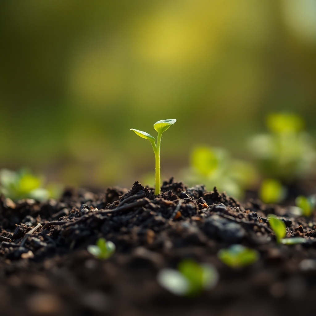 A photorealistic image of a seedling growing out of fertile soil. The plant is healthy and vibrant, reaching towards the sunlight. The background is blurred, creating a sense of growth and potential. The color palette is natural and vibrant, with a focus on greens and yellows. The camera angle is close-up, highlighting the plant's growth and vitality. Style Reference: botanical photography with a focus on growth and potential. The image should evoke the feeling of growth, development, and the potential for a fulfilling life.