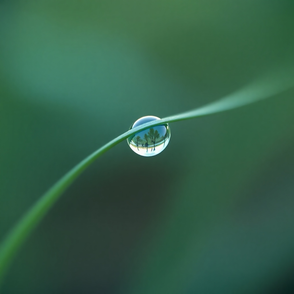 A photorealistic image of a single dewdrop on a leaf, reflecting the surrounding environment. The background is blurred, creating a sense of focus and presence. The color palette is natural and serene, with a focus on greens and blues. The camera angle is close-up, highlighting the dewdrop and its reflection. Style Reference: macro photography with a focus on detail and tranquility. The image should evoke the feeling of mindfulness, presence, and awareness.