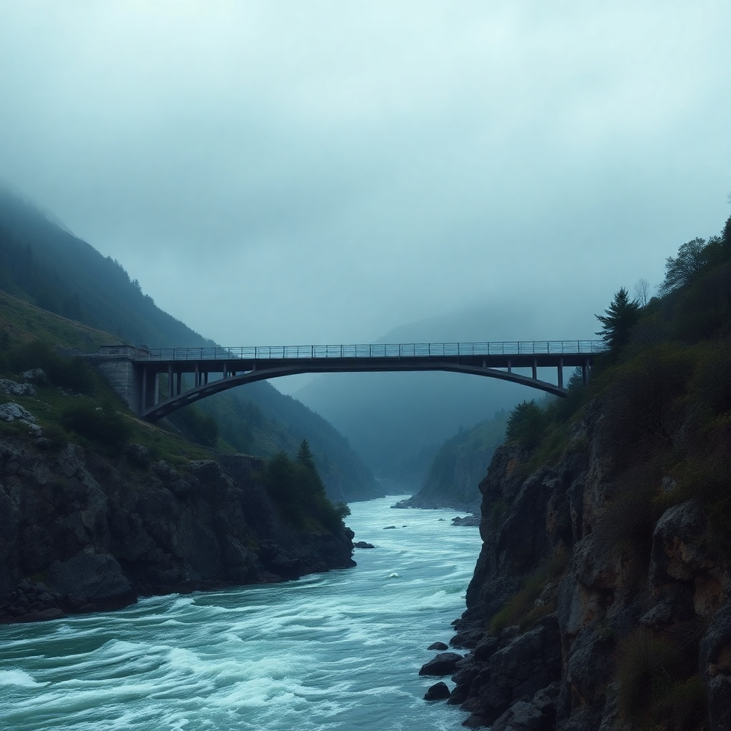A photorealistic image of a sturdy bridge spanning a turbulent river. The bridge is strong and resilient, connecting two sides of a challenging landscape. The color palette is contrasting, with dark shadows and bright highlights. The camera angle is wide, emphasizing the bridge's strength and the river's turbulence. Style Reference: landscape photography with a focus on resilience and overcoming obstacles. The image should evoke the feeling of strength, resilience, and the ability to overcome challenges.