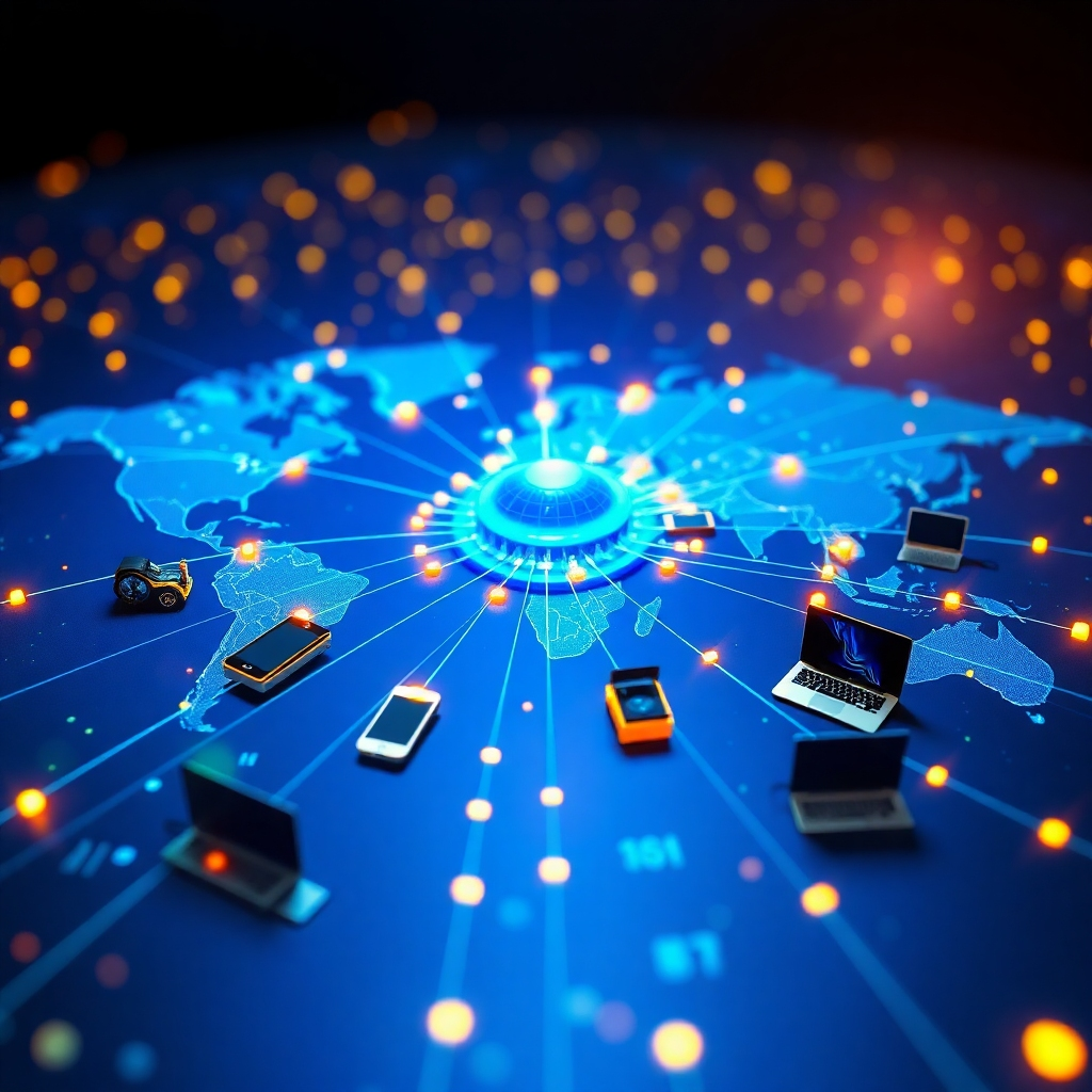 A photorealistic image, rendered in 8K resolution, depicting a dynamic global network connecting various devices. The visual style should evoke a sense of seamless connectivity and widespread reach. The color scheme features vibrant blues and greens, representing data flow and global reach, interwoven with gold highlights symbolizing value and success. The composition focuses on a central hub, radiating connections to various devices like smartphones, laptops, and smart TVs scattered across the globe—represented by realistic miniature models placed against a realistic backdrop of a map of the world.  The lighting should be vibrant, dynamic and evocative of a bustling digital world. The scene should be hyperrealistic, focusing on the high quality and intricate details of the various devices and their connections, with an emphasis on the speed and seamlessness of the data transmission. The perspective should be a wide, panoramic view to highlight the global scale of the distribution.  The style of the image should evoke a sense of speed, power, and sophistication, inspired by works of science fiction and technological futurism. The overall mood is professional, confident, and reassuring.