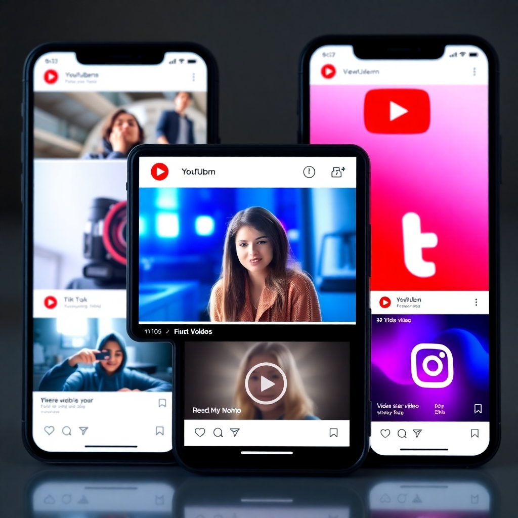 A photorealistic image showing various social media platforms (YouTube, Instagram, TikTok, etc.) displaying a high-quality video. Each platform's user interface is clearly visible with positive viewer engagement metrics like likes, comments, and shares. The video itself should be visually engaging and represent diverse content styles appropriate for different platforms.