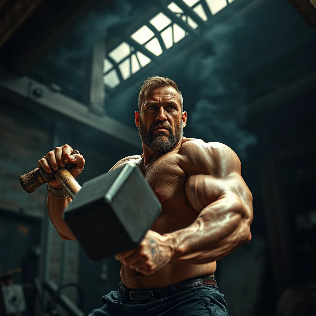 A powerful and dynamic image featuring a man, rugged and athletic, wielding a massive sledgehammer with a determined expression on his face. The image should have a high-contrast, dramatic lighting scheme, with deep shadows and bright highlights emphasizing the man's muscles and the weight of the sledgehammer.  The backdrop should be a gritty, industrial setting, perhaps a dilapidated warehouse or a crumbling factory, further emphasizing the raw power and intensity of the scene. The color palette should be a blend of dark, muted tones, with accents of fiery orange and metallic silver, creating a sense of both power and danger. The composition should be dynamic and visually striking, capturing the movement and energy of the man as he swings the sledgehammer, while also conveying a sense of purpose and determination. The image should be rendered in hyperrealistic detail, capturing every muscle fiber, texture, and reflection. The camera angle should be low and slightly upward, emphasizing the man's power and size. The overall mood of the image should be intense, powerful, and motivating, conveying a sense of raw strength and resilience., ultra high resolution, photorealistic, 8K, hyperdetailed, cinematic lighting