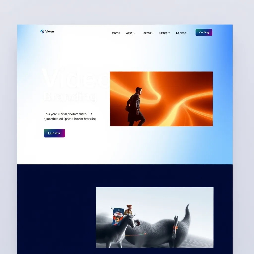Et elegant, moderne nettsteddesign med en ren layout, bilder av høy kvalitet og en tydelig oppfordring til handling. Nettstedet skal være visuelt tiltalende og enkelt å navigere. Bakgrunnen skal være en gradient av blått og hvitt, med et moderne, minimalistisk design. Teksten skal være lett å lese og være i en moderne, sans-serif skrift. Det skal være en liten logo øverst til venstre på siden og en tydelig oppfordringsknapp midt på siden. Nettstedet bør være designet for en bedrift som spesialiserer seg på videomerkevarebygging.