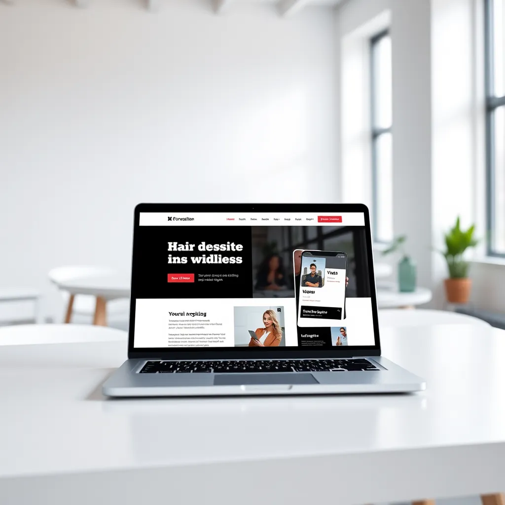 Et fantastisk høyoppløselig bilde av et moderne, minimalistisk nettsteddesign på en elegant bærbar skjerm, som viser et rent grensesnitt med dristige bilder, en tydelig handlingsfremmende oppfordring og engasjerende innhold. Den bærbare datamaskinen er plassert på et hvitt skrivebord i et lyst og luftig kontormiljø med mykt naturlig lys som strømmer inn fra et vindu. Bakgrunnen skal være uskarp, og fokusere oppmerksomheten på nettstedets design. Gjengi i en fotorealistisk stil med livlige farger og skarpe detaljer, med sikte på et bilde av høy kvalitet som fanger essensen av profesjonell webdesign.