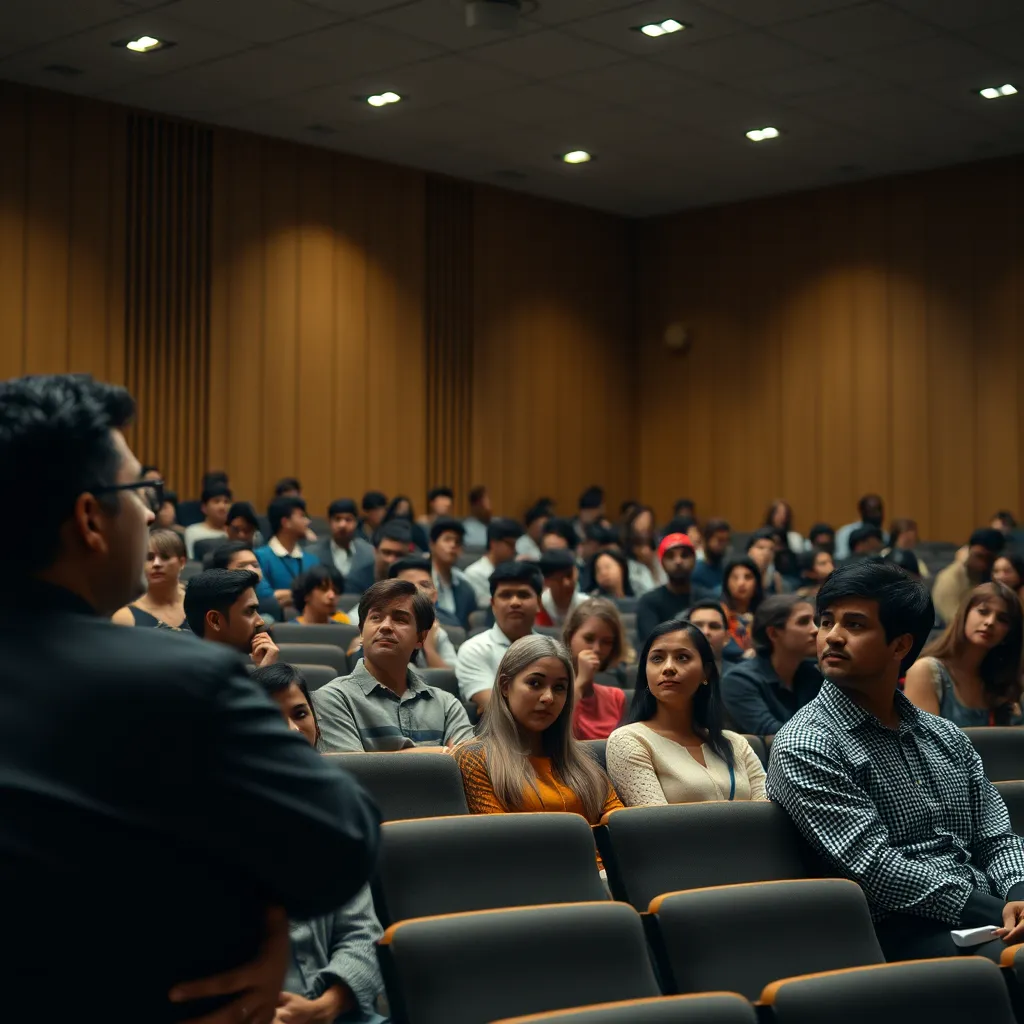 A university lecture hall with a diverse group of students attentively listening to a professor. The atmosphere should be one of intellectual curiosity and the pursuit of knowledge, with a warm, inviting lighting.