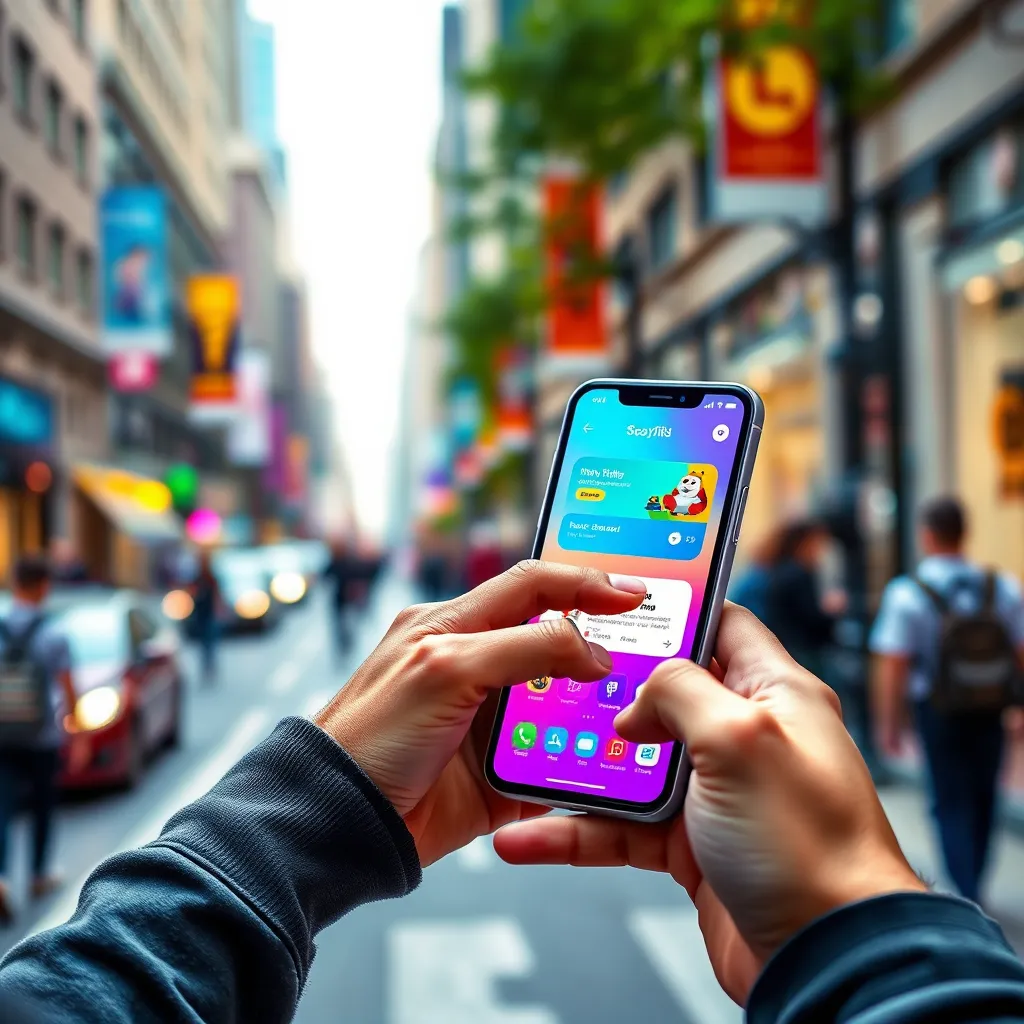 Et levende og dynamisk bilde som viser et mobilappgrensesnitt som er i bruk. Appen skal ha et rent og intuitivt design med lyse, iøynefallende farger og engasjerende bilder. Brukeren samhandler med appen på en elegant smarttelefon holdt i hendene på en person som har på seg uformelle klær. Bakgrunnen skal være en travel bygate med uskarp bakgrunn, som fanger følelsen av bevegelse og tilkobling. Gjengi i en fotorealistisk stil med realistiske teksturer og belysning, som viser appens funksjoner og fordeler.