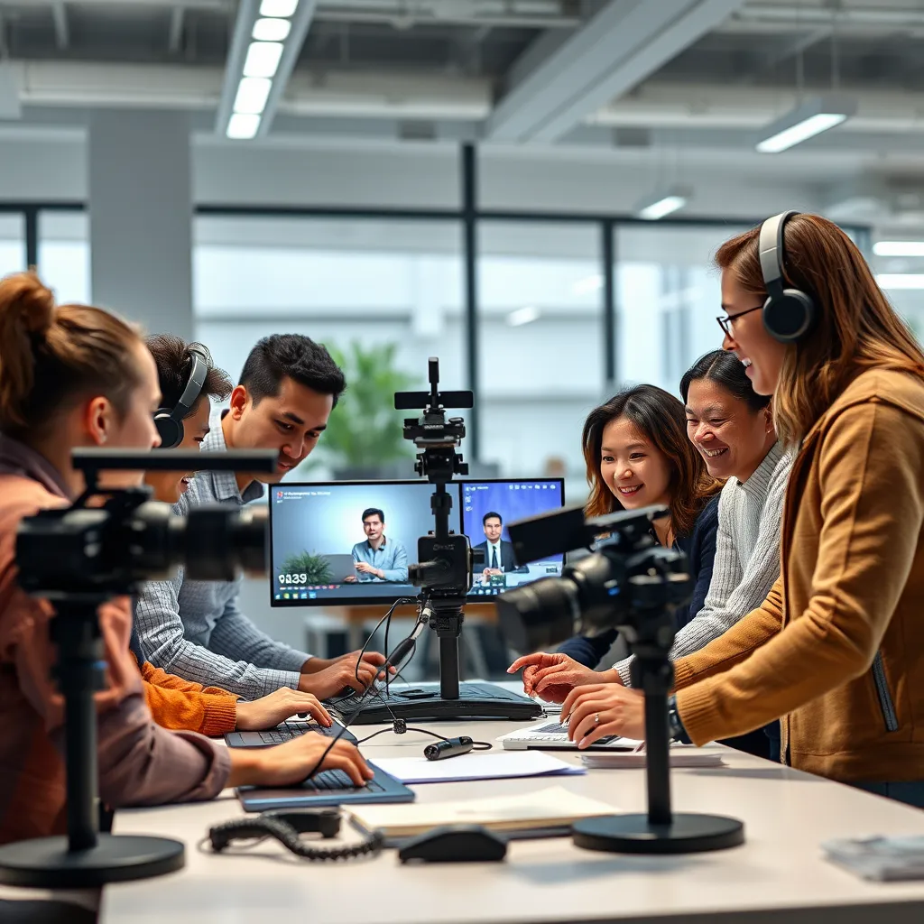 Et videomarkedsføringsteam som jobber med et nytt videoprosjekt. Teamet er mangfoldig, med mennesker i ulik alder og bakgrunn. De samarbeider med høyteknologisk utstyr og programvare. Videoen skal være av høy kvalitet og engasjerende, med fokus på historiefortellingsaspektet ved videomarkedsføring. Videoen skal settes i et moderne kontormiljø, med en lys og luftig atmosfære. Videoen skal vise frem teamets lidenskap for arbeidet deres og deres forpliktelse til å levere resultater.