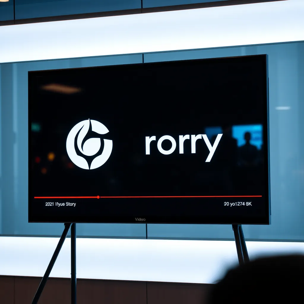 En video som spilles av på en skjerm som viser et selskaps historie og dets merkeverdier. Videoen er visuelt imponerende, og bruker opptak og animasjon av høy kvalitet for å fortelle en overbevisende fortelling. Selskapets logo og slagord vises tydelig gjennom hele videoen.