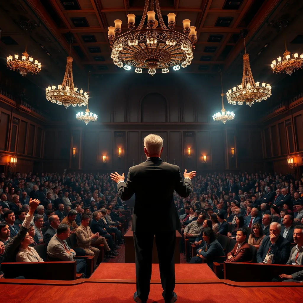A wide-angle shot of a large auditorium filled with attentive listeners, focused on a charismatic speaker standing on stage. The speaker is a powerful figure with a commanding presence, wearing a dark suit and holding a microphone. He is delivering an engaging and passionate speech, his hands gesturing emphatically. The stage is illuminated by spotlights, casting dramatic shadows on the audience. The auditorium is adorned with elegant chandeliers and rich, dark wood paneling, creating an atmosphere of intellectual rigor and prestige. The image captures the energy and excitement of the lecture, highlighting the speaker's charisma and the engaged audience. The image is rendered in a photorealistic style with realistic textures and lighting effects, capturing the details of the auditorium and the dynamic energy of the scene.