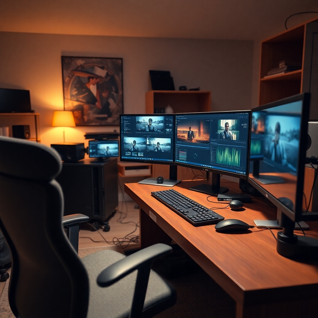 An ultra-high-definition (8K), hyperrealistic image showcasing a professional video editor's workspace. The image should feature a sleek, modern workstation with multiple monitors displaying different stages of video editing. The lighting is warm and inviting, with soft, diffused light highlighting the intricate details of the editing software interface. The color palette is calm and focused, predominantly cool blues and grays with accents of warm wood tones in the desk and surroundings. The camera angle is a slightly elevated perspective, providing a comprehensive view of the workspace. The image should showcase a variety of textures: the smooth glass of the monitors, the soft fabric of the chair, and the fine grain of the wooden desk.  The background includes organized cables, high-end peripherals, and subtly visible elements of the editor's personal style, suggesting professionalism and creativity. The overall style is inspired by high-end technology advertisements, emphasizing both functionality and aesthetic appeal.  The level of detail should be exceptional, showcasing each keystroke and subtle highlight in the editing software. The scene should exude a calm and focused atmosphere, reflective of the meticulous nature of professional video editing.