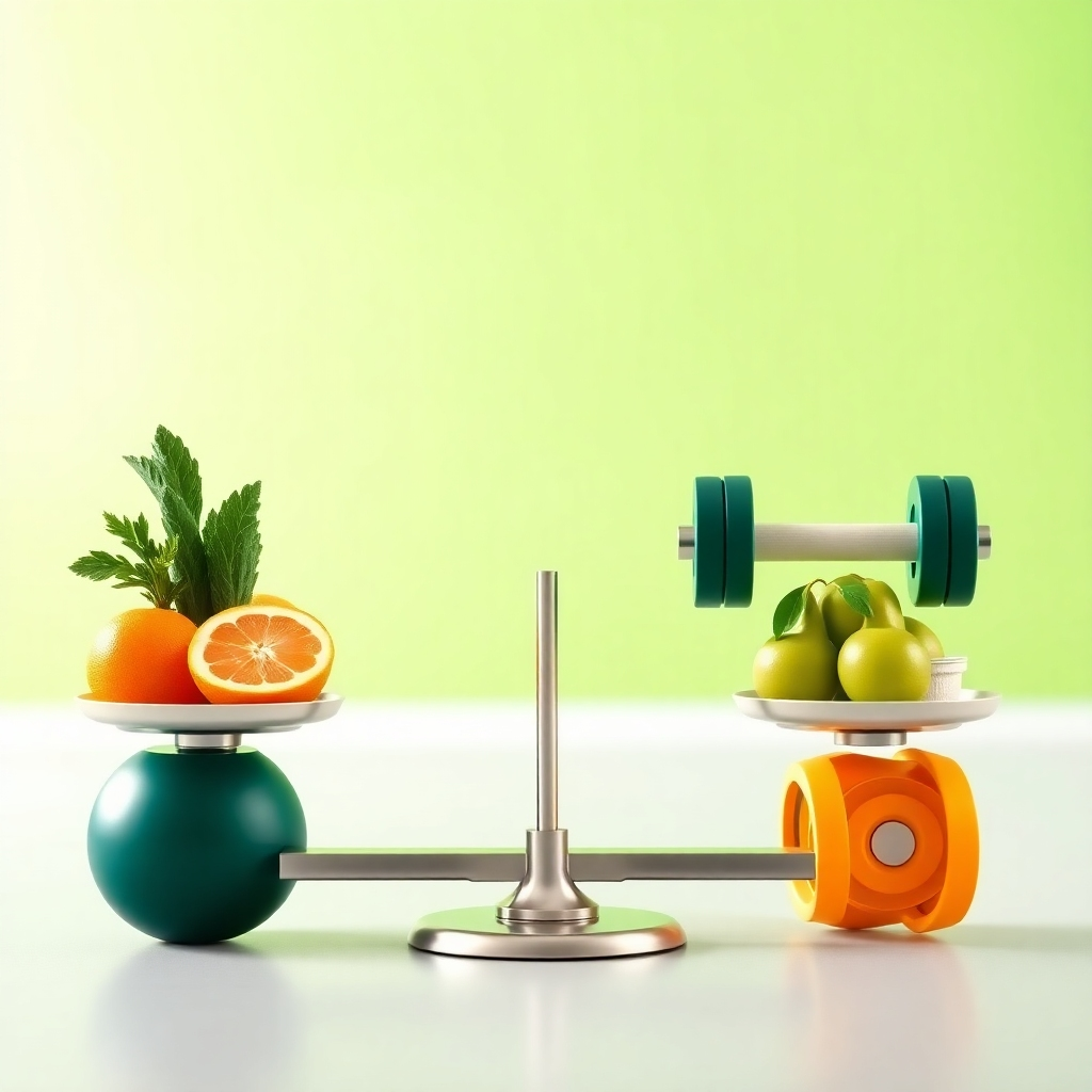 Create a photorealistic image of a balanced scale with healthy food on one side and fitness equipment on the other. The background is a bright and airy space, representing a sense of well-being and balance. The color palette is vibrant and energetic, with a focus on greens and oranges. The camera angle is eye-level, emphasizing the balance and harmony. Style Reference: lifestyle photography with a focus on health and wellness. The image should evoke the feeling of balance, harmony, and well-being.