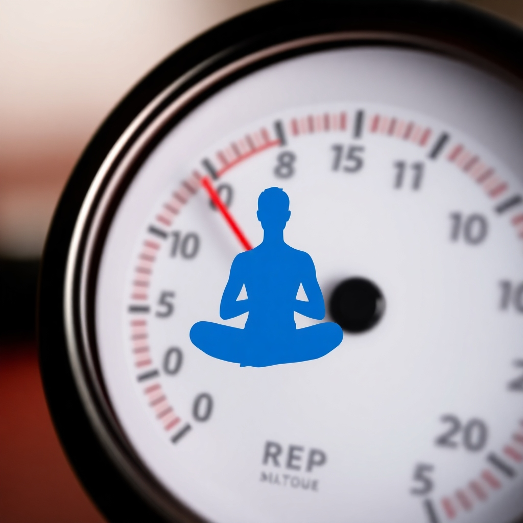 Create a photorealistic image of a pressure gauge with the needle pointing towards the red zone. Overlaid on the gauge is a calm, blue silhouette of a meditating person. The background is blurred, creating a sense of urgency and stress. Use a shallow depth of field to focus on the gauge and the silhouette. The overall tone is contrasting – the gauge representing stress and the silhouette representing calm. The color palette should be dominated by reds and blues, with a touch of white for the silhouette. Camera angle: close-up, focusing on the needle and the silhouette. Style Reference: modern, minimalist photography with a focus on contrast and symbolism. The image should evoke the feeling of being overwhelmed by stress and the potential for finding inner peace.