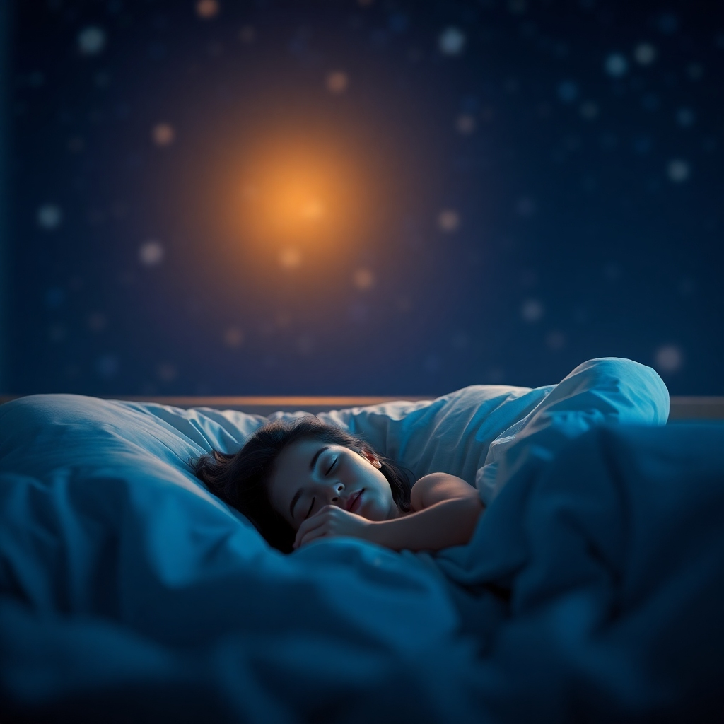 Create a photorealistic image of a person sleeping peacefully in a cozy bed under a starry night sky. The room is softly lit with a warm, comforting glow. Use a wide aperture to create a bokeh effect in the background, simulating the stars. The color palette should be dominated by blues and purples, with a touch of gold for the light. Camera angle: slightly elevated, focusing on the person sleeping and the starry sky. Style Reference: dreamy, ethereal photography with a focus on light and atmosphere. The image should evoke the feeling of peace, tranquility, and deep sleep.