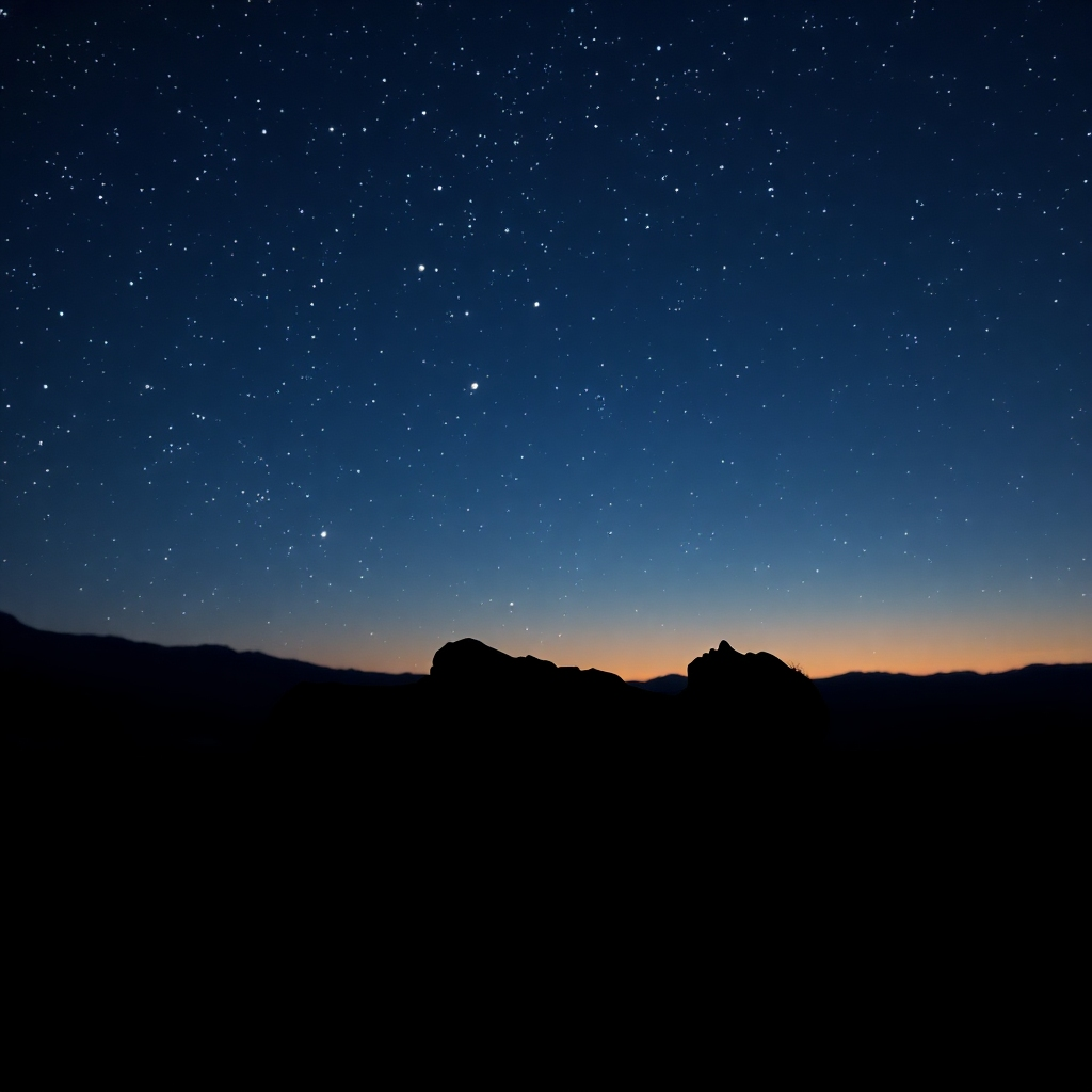 Create a photorealistic image of a silhouetted figure sleeping peacefully under a blanket of stars. The night sky is clear and vibrant with constellations. Soft, ambient light highlights the figure's relaxed posture. The scene evokes a sense of profound rest and tranquility. The color palette leans toward deep blues, purples, and subtle hints of starlight. Camera angle: long shot, capturing the vastness of the night sky and the solitude of sleep. Style reference: astronomical photography combined with intimate portraiture.