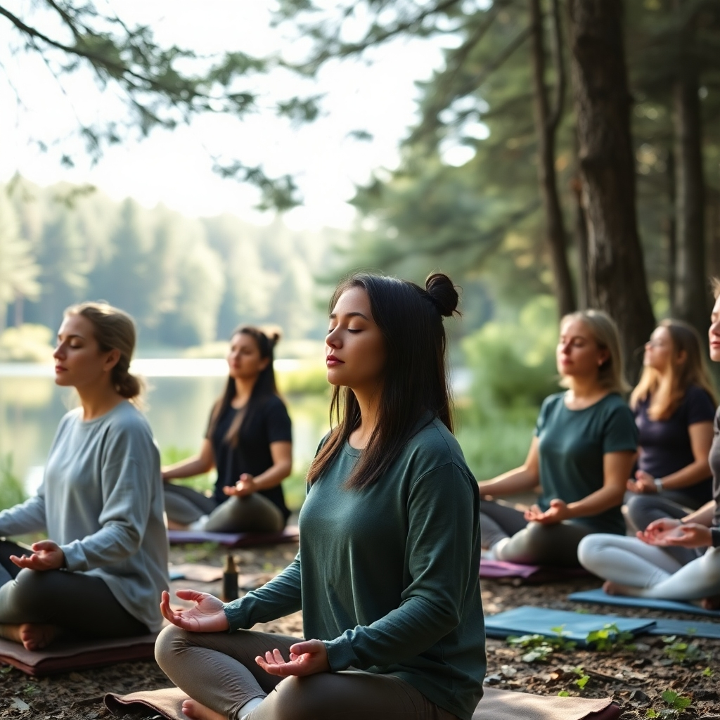 Create a photorealistic image depicting a group of people meditating outdoors in a peaceful natural setting (e.g., a forest clearing or by a lake). Soft, natural light filters through the trees. The participants are sitting in comfortable meditative postures, eyes closed, with expressions of serenity. The color palette is dominated by natural greens, blues, and browns. Camera angle: wide shot, capturing the group and the surrounding environment. Style reference: mindfulness photography emphasizing community and connection with nature.