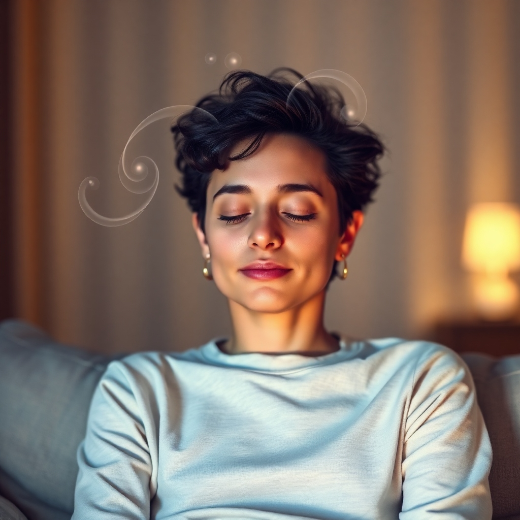 Create a photorealistic image showing a calm and serene individual seated comfortably, eyes closed, bathed in soft, warm light. Subtle swirling energy patterns surround their head, symbolizing the flow of subconscious thought during hypnosis. The background is softly blurred, creating a sense of peace and focus. The color palette is dominated by calming blues, purples, and golds. Camera angle: medium shot, focusing on the individual's face and the surrounding energy patterns. Style reference: blend of portrait photography and subtle CGI to represent the intangible aspects of hypnosis.
