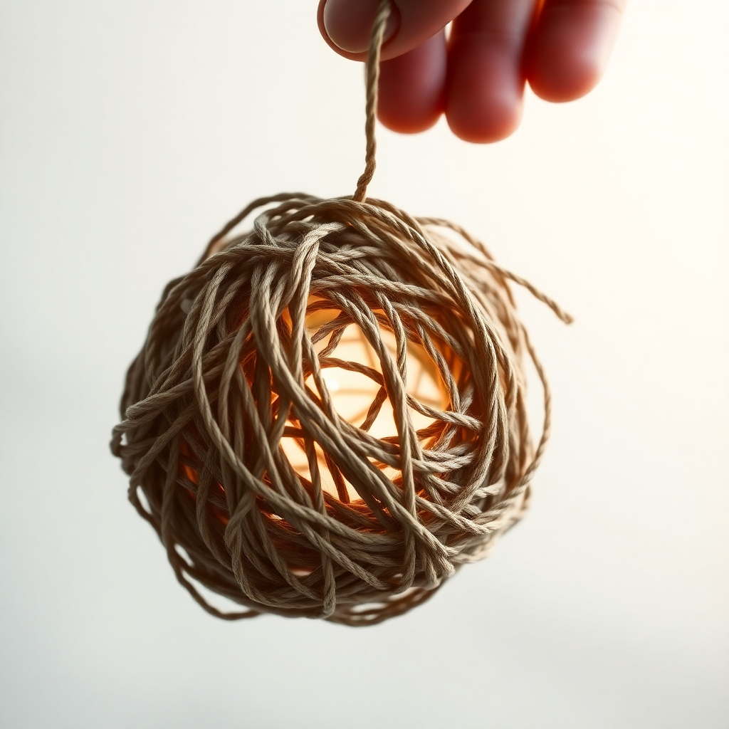 Generate a photorealistic image of a tangled ball of string, representing chaotic thoughts. One end of the string is being pulled by a hand, slowly unraveling the knot. The background is a soft, diffused light, creating a sense of hope and clarity. Use a shallow depth of field to focus on the string and the hand. The color palette should be muted, with a touch of brightness in the unraveling section. Camera angle: close-up, focusing on the knot and the hand. Style Reference: minimalist photography with a focus on texture and symbolism. The image should evoke the feeling of being overwhelmed by thoughts and the potential for finding clarity and peace of mind.